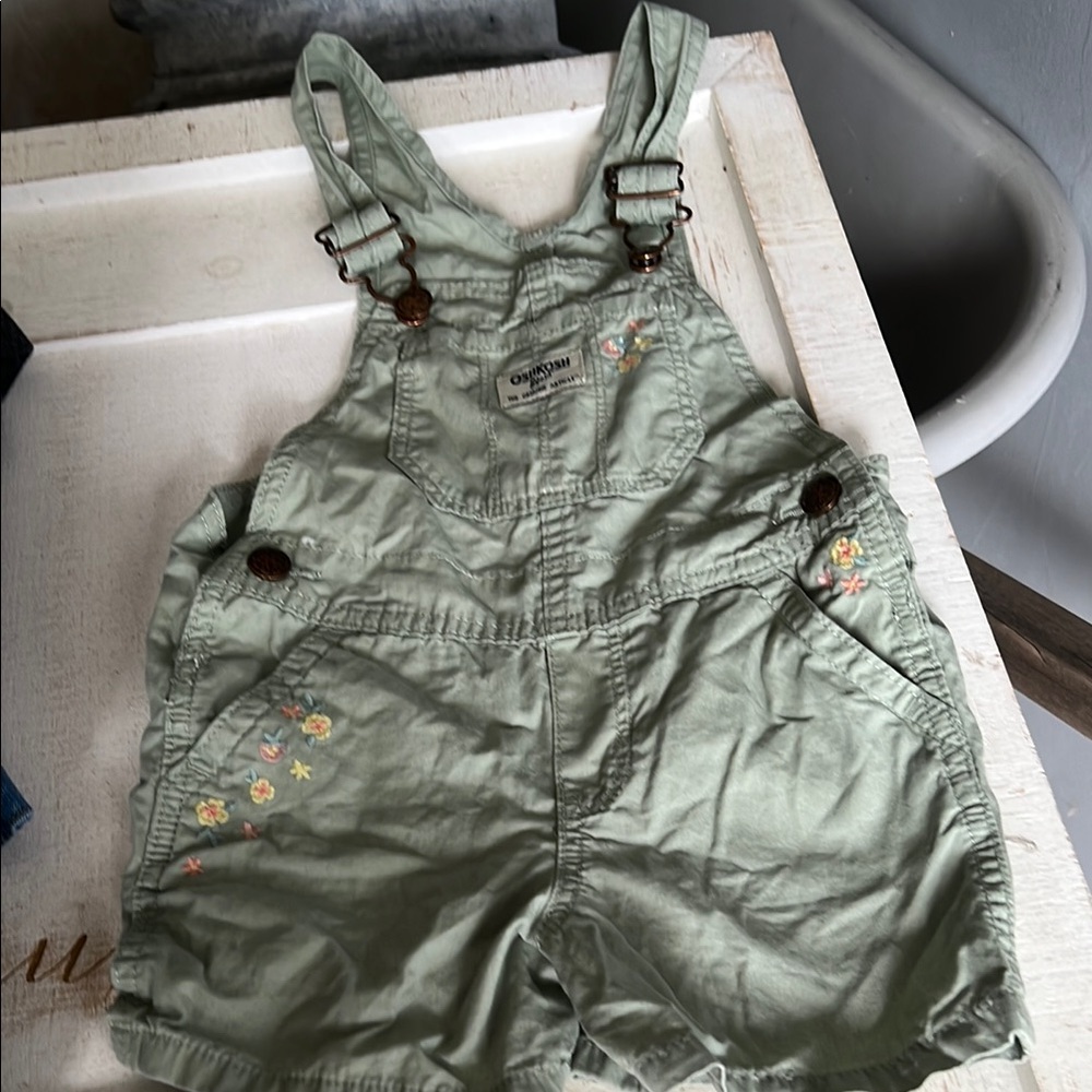 OshKosh B'gosh Light Green Short Overalls with Floral Details
